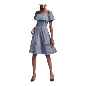 Banana Republic Dress 10 Off Shoulder Sheath Chambray Blue A-Line Ruffle Stretch